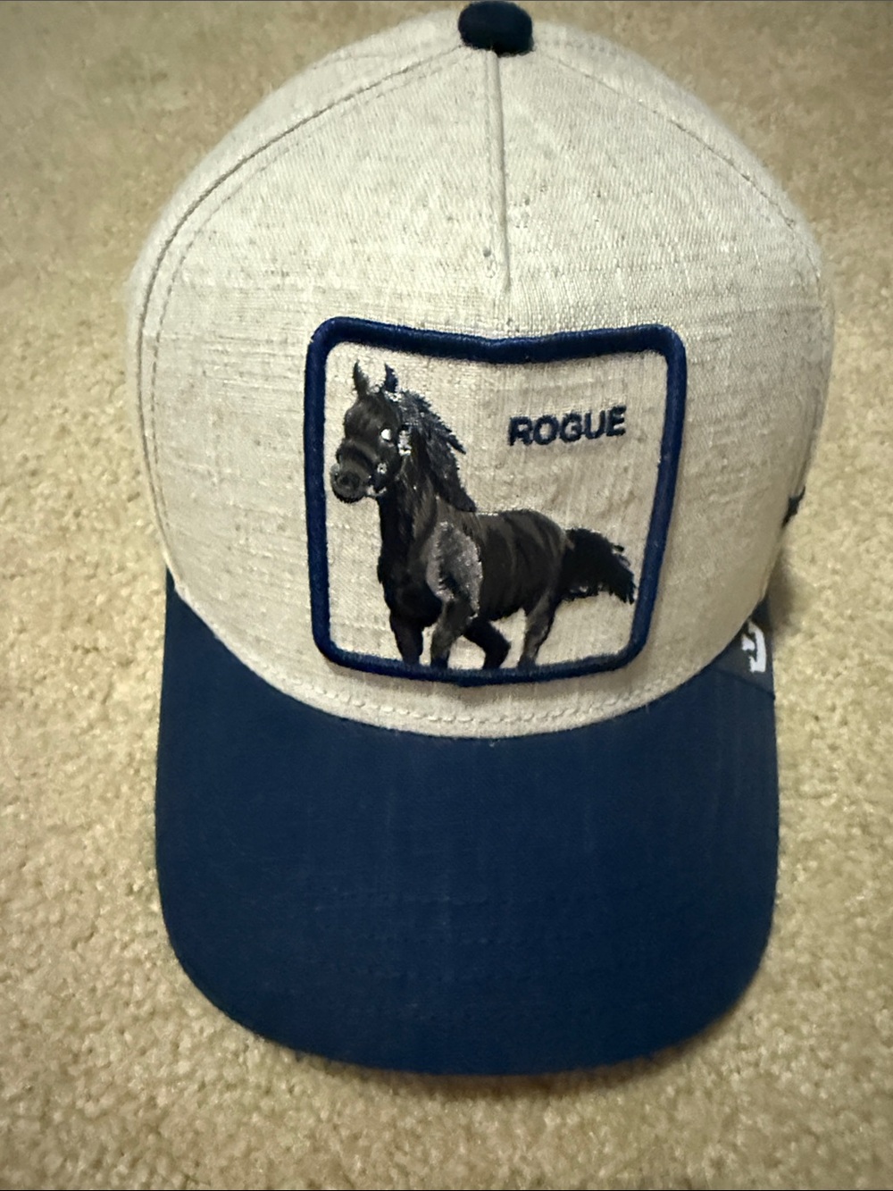 Goorin Bros Rogue linen Crown with Navy Brim Horse Patch Hat